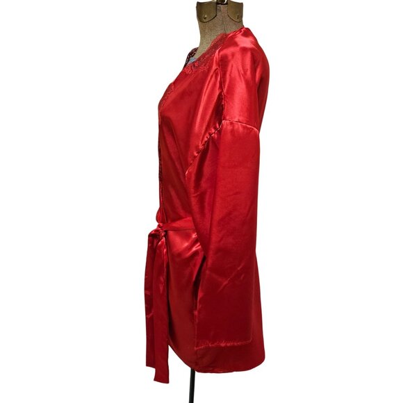 Victoria Secret Wrap Robe Womens Size Small Red Satin Lace Trim Belt Short - Picture 4 of 9